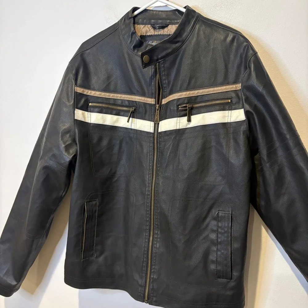 Y2K Whispering Smith Mens Faux Leather Motorcycle Jacket Black Size M Zip Pocket
